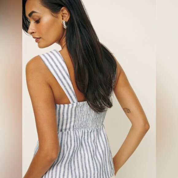 Reformation Evie Linen Top in Antibes Stripe Blue White Stripes | US 0 UK 4 - Picture 2 of 10